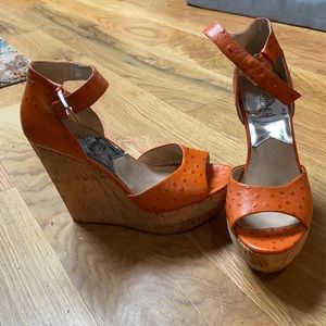 Michael Kors Orange Ostrich Platform Cork Wedges
